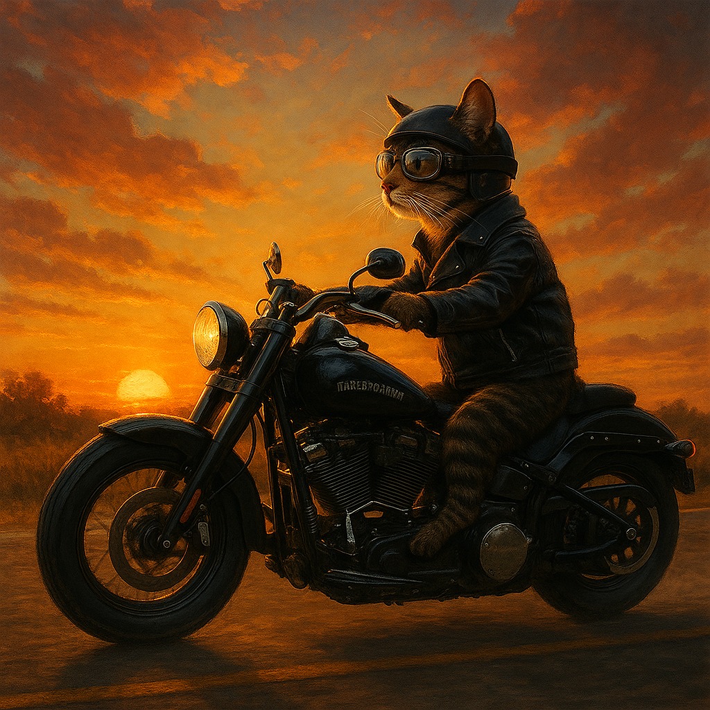 「夕陽を駆ける、孤高のライダー」猫ライダー
