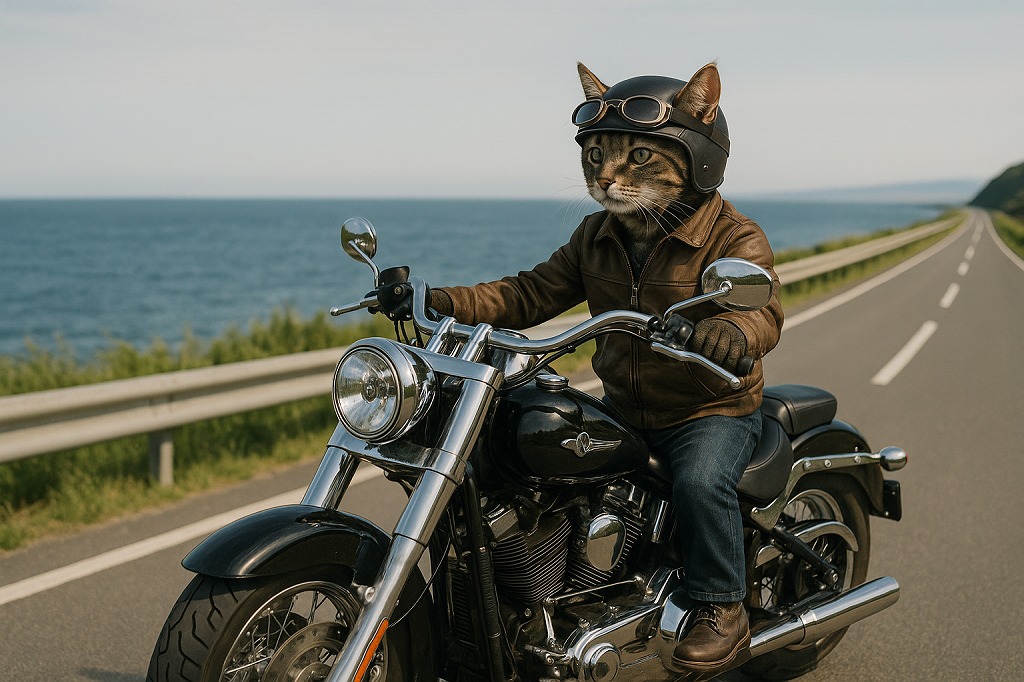 「オロロンラインをまっすぐに」猫ライダー