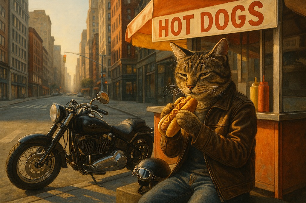 「腹ごしらえ完了！ツーリング前のにゃんドッグ休憩」猫ライダー